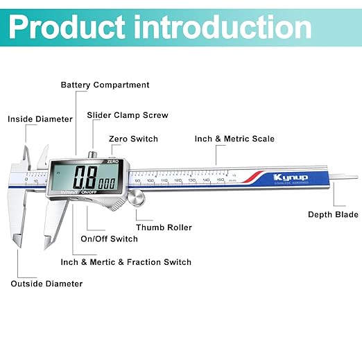 Kynup Digital Caliper Measuring Tool, Vernier Dial Caliper Digital Outside Micrometer, 6 Inch Caliper DIY Tool, Stainless Steel, Large Screen, Splash Proof, Inch Metric Fraction Switch