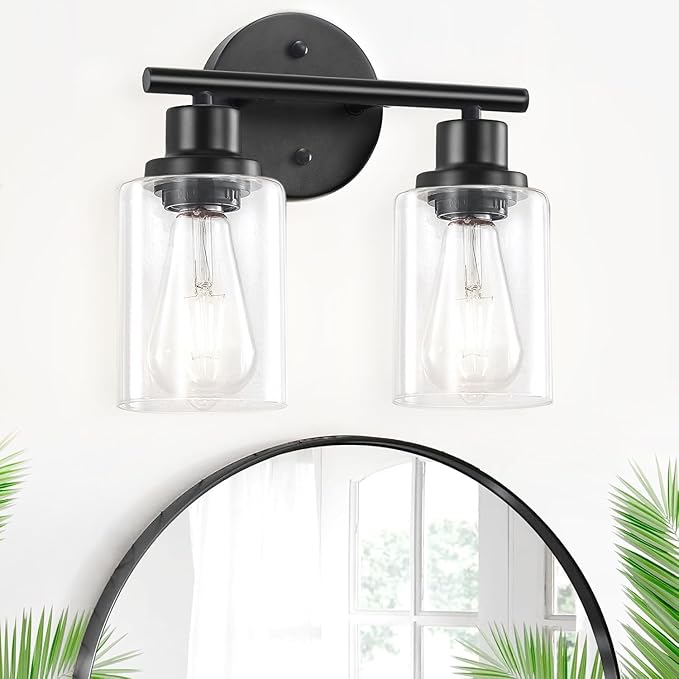 Guliaofo 2-Light Black Bathroom Light Fixtures, E26 Modern Vanity Lights for Bathroom with Clear Glass Shade, Wall Lamps for Mirror Kitchen Hallway Cabinet Living Room Sconces Lights