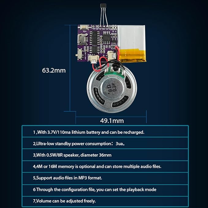 Voice Module,MP3 Music Sound Chips, 16MB Sound Module for Crafts, Christmas, New Year Greeting Cards, Box with Speaker Lithium Battery Powered and USB Cable. (JR-JX7004-Magnet Sound Module)