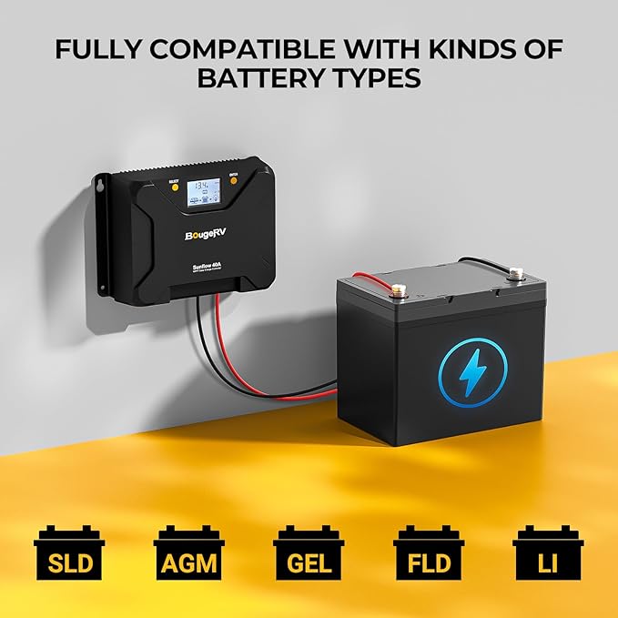 BougeRV MPPT Solar Charge Controller 40A, w/ Low-Temp Cut-Off, APP Control, Backlit LCD, 40 Amp Solar Panel Regulator 12V/24V for LiFePO4, SLD, Gel, FLD, AGM Battery, RV, Marine, Upgraded