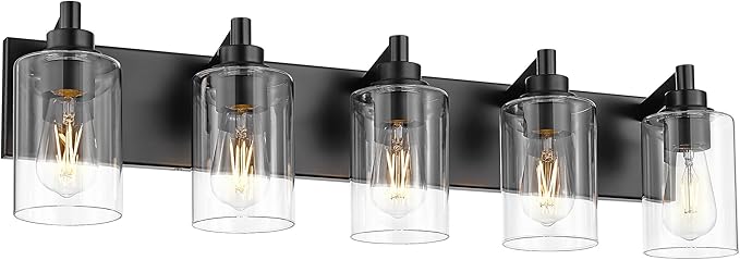 METWET 5-Light Bathroom Light Fixtures, 30 Inch Black Vanity Light with Cylinder Clear Glass Shade, Modern Vanity Lighting Fixtures Over Mirror, VL143-MB-5