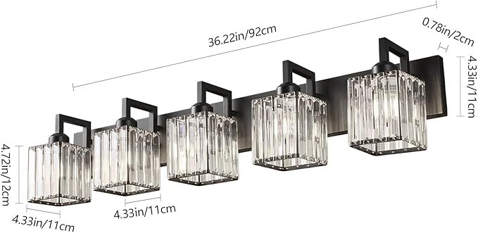 FDPBY Black Bathroom Light Fixture, 5-Light Crystal Vanity Lighting, Bathroom Lighting Fixtures Over Mirror, Modern Crystal Wall Lamp