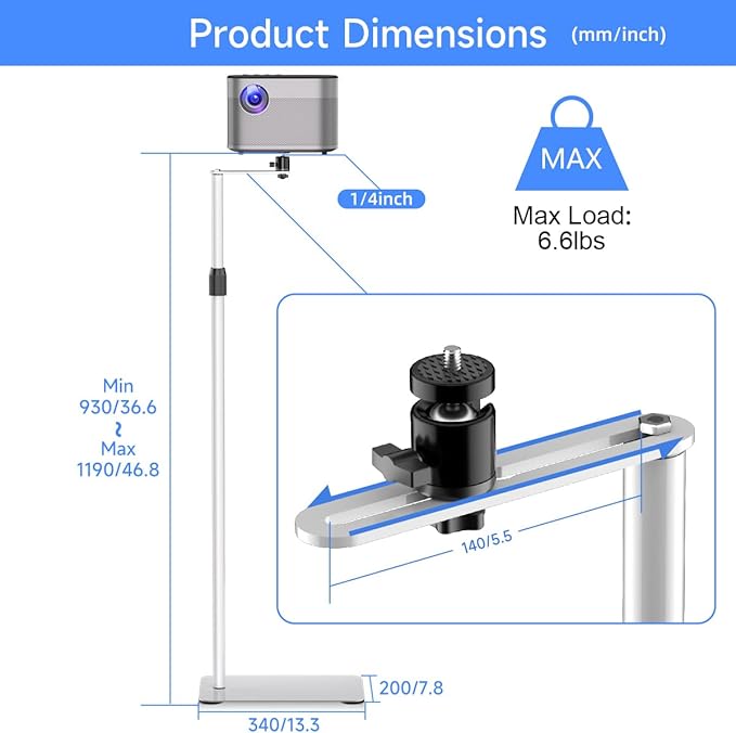 suptek Projector Stand Against Wall Hidden Stand, 360°Swivel, Height Adjustable, Mini Projector Mount Bracket, Compatible with Home Office Video Vlog DVR Camera, PR001FPW
