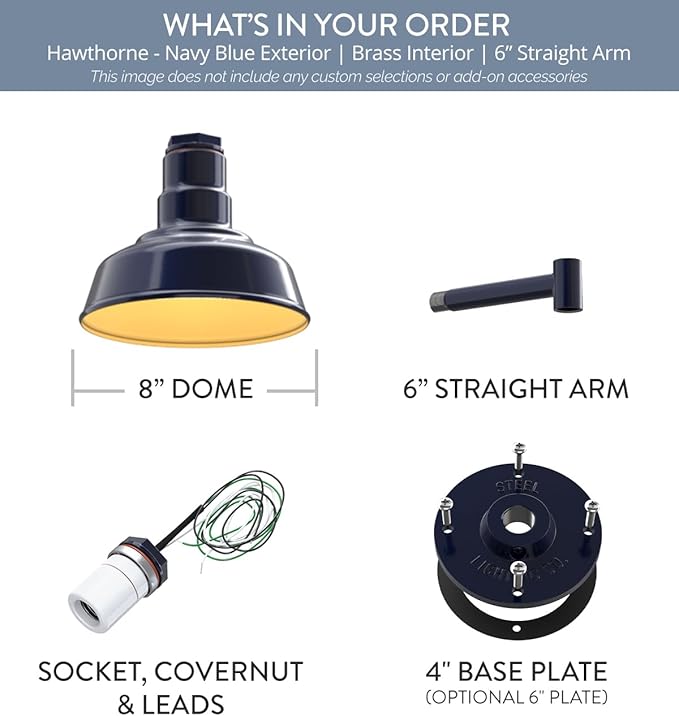 Steel Lighting Co. Hawthorne Barn Light | Outdoor Wall Mounted | 8 inch Dome | 6" Straight Arm | Small Farmhouse Light Made in America | Navy Blue Exterior/Brass Interior