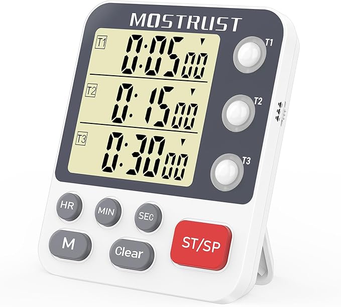 MOSTRUST Digital Dual Kitchen Timer, 3 Channels Countdown Triple Timer for Cooking, Magnetic Memory-Preset Large Display Adjustable Alarm Volume, Multi Times Management, 3A Battery Included, White