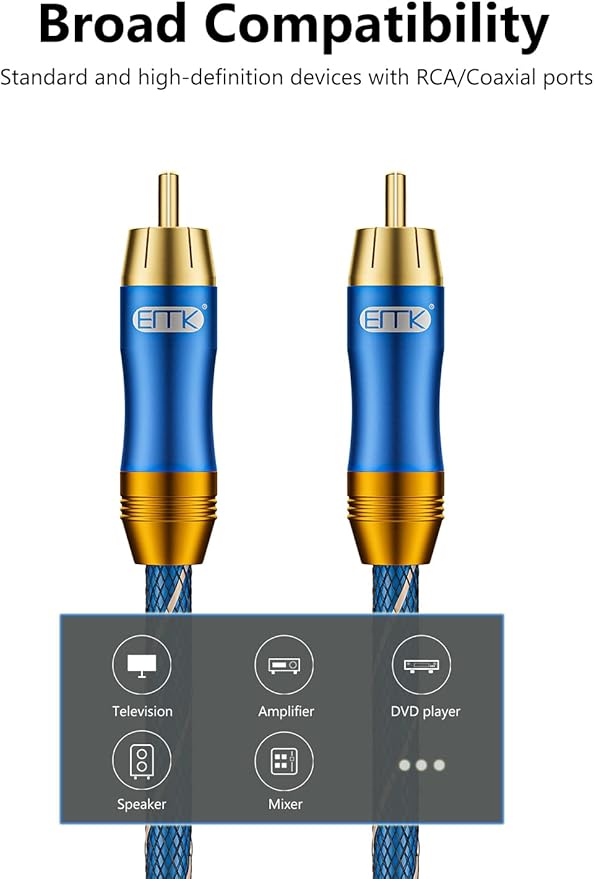 EMK Subwoofer Cable (9.8ft/3m) -Digital Coaxial/Subwoofer Cable Dual Shielded with Gold Plated RCA to RCA Connectors -Top Blue Series