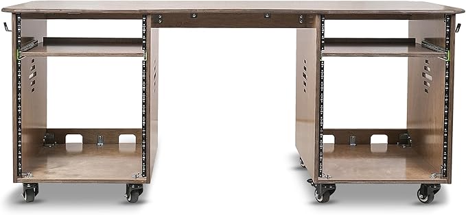 Sound Town DIY Music Studio Rack Desk Workstation with 2 X 13U Side Cabinets, Two Slide-Out Trays, Casters, Plywood, Weathered Brown for Recording Room, Home Studio (SDRK-WS69)