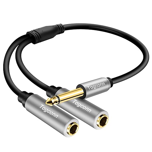 Togconn 1/4 inch TS Mono Splitter Y Adapter, 6.35mm Mono Male to Dual 6.35 mm TS Mono Female Jack, Quarter inch Audio Speaker Splitter Converter Cable 1 Feet, Gold Plated Connectors