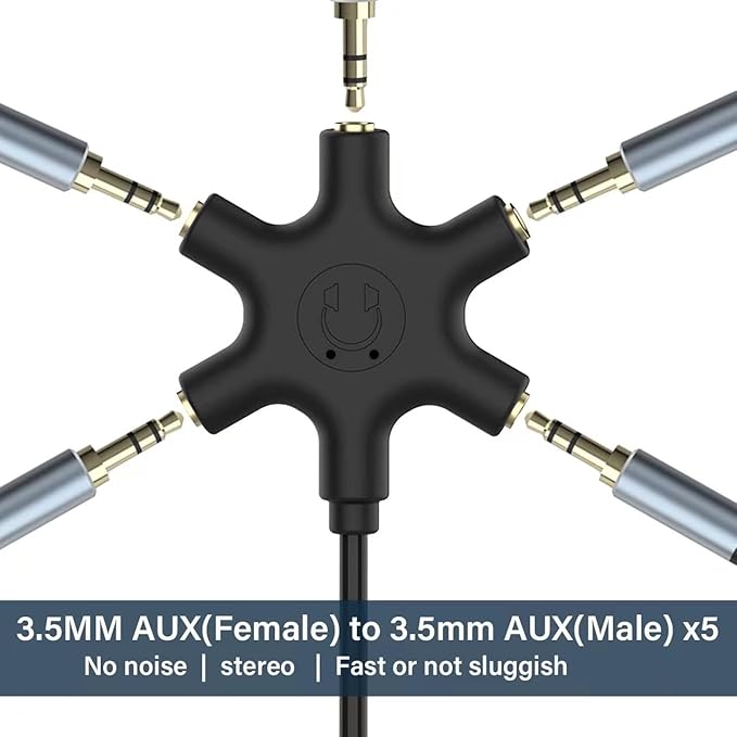 sovunis Multi Headphone Audio Splitter, 5-Way 3.5mm Jack Stereo Headset Adapter to Connect Up to 5 Devices for Mixing, Shared Experiences - for iPhone, iPad & More