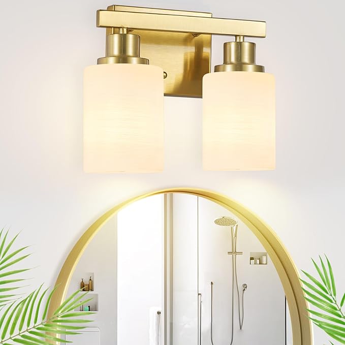 DIKAIDA Gold Bathroom Light Fixtures Over Mirror, 2-Light Modern Vanity Lights with White Glass Shade, Bathroom Wall Lamp Sconces for Mirror Bedroom, Living Room Hallway Small Space