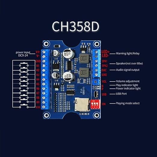 Voice Playback Module with 1GB Card,80W Low Lever Trigger DC 9-24V CH358D Chip Support USB Download, MP3 Hardware Decoding,10-Way Button One-to-One,8 Combined Voice Board for Industry Broadcast.