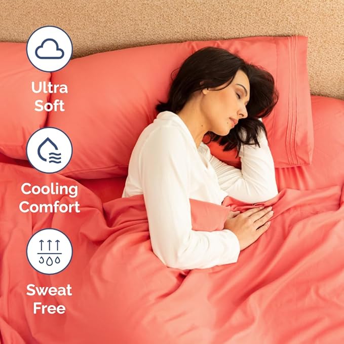 RV Short Queen Sheet Set 60 X 75 - 4 Piece RV Short Queen Bed Sheets - Soft, Breathable & Cooling - Designed for Bunks, Trailers and Campers - Fits 8” to 12" Mattress - Hotel Luxury Bedding - Coral