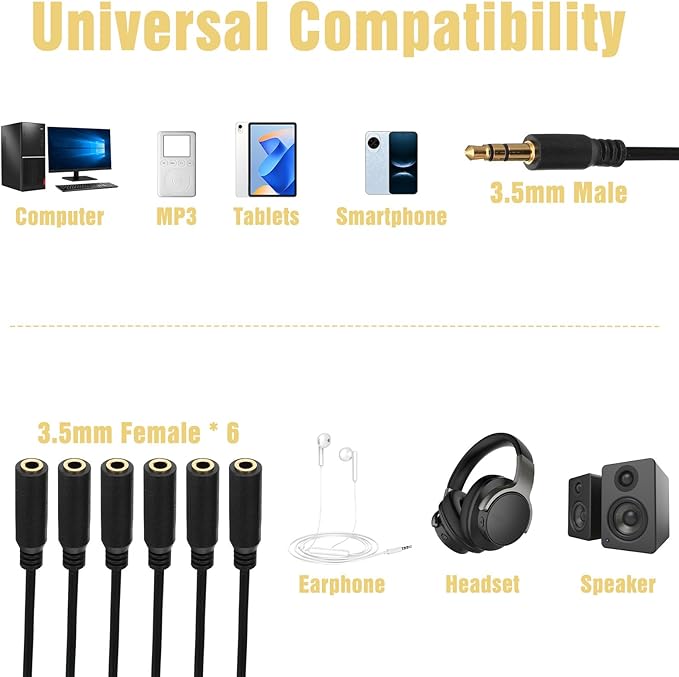 FdcZeyxior 3.5mm Headphone Splitter, 3.5mm Splitter Multi Headphone Splitters 1 to 6 Ways TRS 1 Male to 6 Female Audio Cable Adapter Cable for Earphone Headset Laptop Phone, 1.5FT