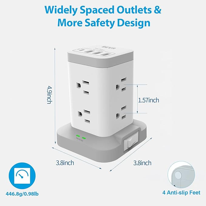 BEVA Surge Protector Tower with 8 AC & 4 USB(USB-C) Ports, 6.5 FT Extension Cord - Charging Station for Office & Dorm Room