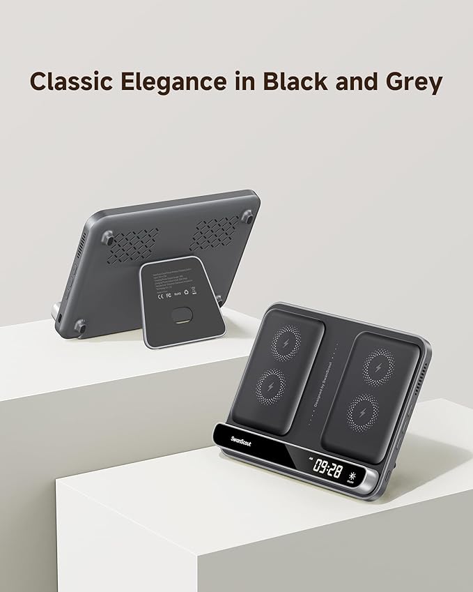 Dual Wireless Charger Stand, SwanScout 504, Foldable Wireless Charging Station Pad for iPhone Air/17/16/15/ Series, Samsung Galaxy S25/S24/S23, Android Phones, AirPods/Galaxy Buds (Black & Tech Grey)