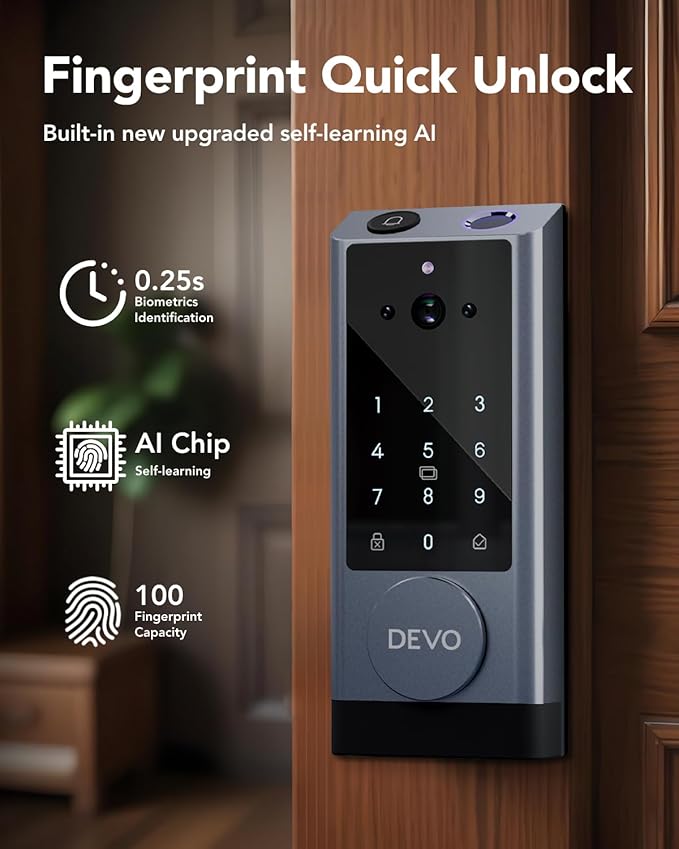 Devo G1 Video Smart Lock with Camera&Doorbell, 6-in-1 Keyless Entry Door Lock Deadbolt with Handle Set, App Remote, Fingerprint ID, Auto Locks, Built-in Wi-Fi Smart Deadbolt for Front Door