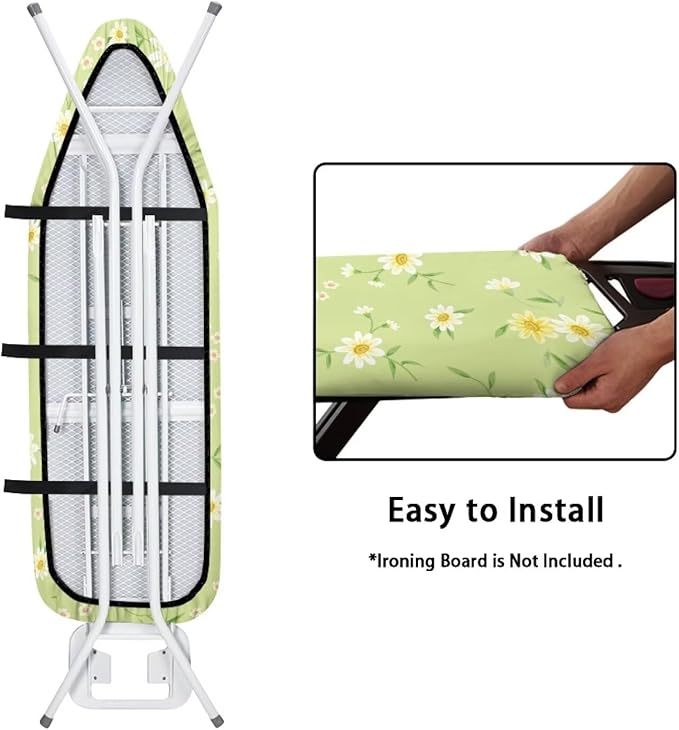 ZCFYGDX Fresh White Daisy Print Ironing Board Cover, Resist Scorching & Staining, Easy to Install Resistant Elastic Edges, 3 Nylon Buckle Straps Fasteners, Protective Scorch Cloth Covers Size-L