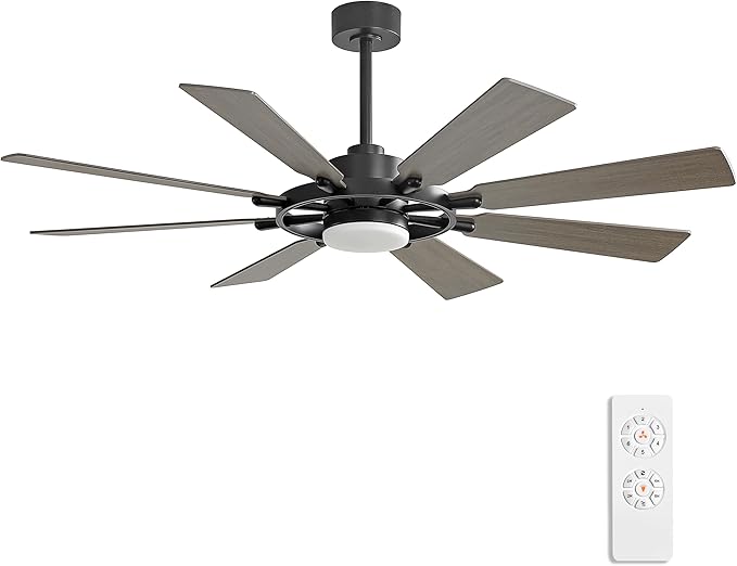 ELEHINSER 60 Inch Ceiling Fan with Lights and Remote Control, 8 Plywood Blades, 6-Speed Noiseless Reversible DC Motor, 3CCT, Windmill Ceiling fan for Kitchen Bedroom Living Room, Black and Grey