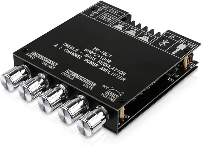 Bluetooth Audio Amplifier Board, ZK-TB21 2.1CH 50W x 2 +100W Subwoofer Power Amp with Treble and Bass Control, Bluetooth5.0 and AUX Inputs, Stereo Digital AMP for DIY Home Speakers