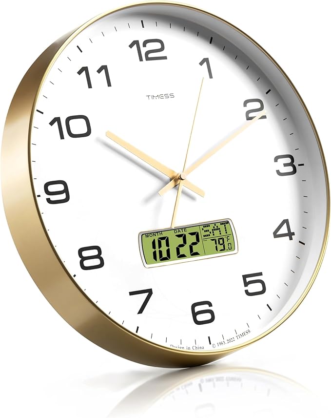 TIMESS Wall Clock, 14" Large Dial Non-Ticking Silent Battery Operated Analog with LCD Display for Perpetual Calendar and F° Temperature, Ideal Modern Home, Bedroom, Office Decor (Gold)