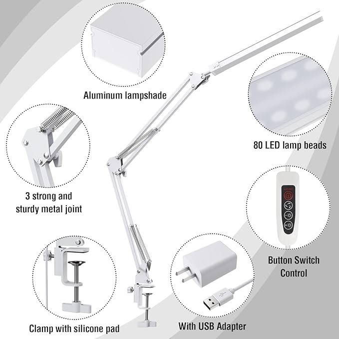 TROPICALTREE LED Desk Lamp for Home Office, Clamp-On with 3 Light Modes | 14W Adjustable Brightness 5000K Eye-Caring Lighting for Study/Bedroom/Computer Desk (White)