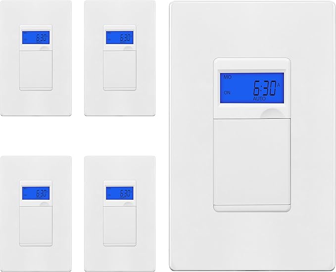 TG 7 Days Digital in-Wall Programmable Timer Switch for Lights, Fans, and Motors, Single Pole, Neutral Wire Required, 18 ON/Off Timer Settings, with Blue Backlight, White, 5 Pack