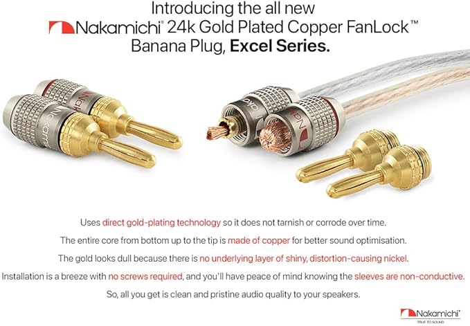 Nakamichi FanLock Excel Series 24k Gold Plated Banana Plugs 10 AWG - 18 AWG Gauge Size 4mm for Speakers Amplifier Hi-Fi Stereo Home Theatre Radio Audio Wire Cable Quick Connector, 24 Pcs (12-Pairs)