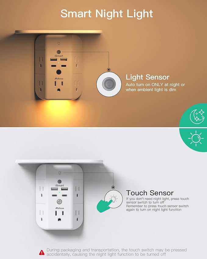 Wall Outlet Extender with Shelf and Night Light, Surge Protector, USB Wall Charger with 5 AC Outlets and 2 USB A Ports 2 USB C Ports Wide Space 3-Sided Power Strip Multi Plug Outlets