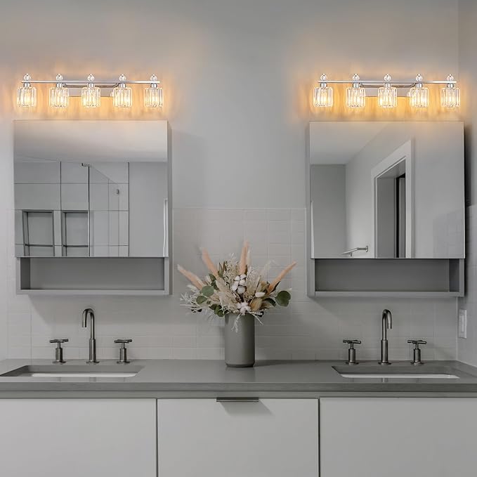 FDPBY Bathroom Vanity Lights 5-Light Chrome Modern Crystal Vanity Light Fixtures Over Mirror Crystal Bathroom Vanity Lighting Fixtures
