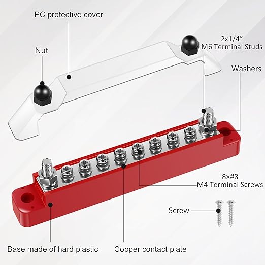 JUNXILPPD 12V Stainless Steel Bus Bar Marine Simplify Wiring Power Distribution Block Space Saving Battery Buss Bar High Security for Boat 2 x 1/4" Posts, 8 x #8 Screws Terminals (Black+Red)