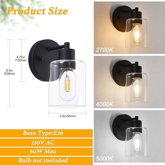 SOPEAS Wall Sconces for Bathroom, Modern Vanity Light Fixtures, Black Wall Mount Lighting Lanterns, Farmhouse Wall Lights with Clear Glass Shade for Bedroom Living Room Mirror Hallway Kitchen（2PACK）