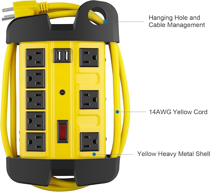 Heavy Duty Power Strip with USB, Workshop 8 Outlet Surge Protector 2700 Joules, Industrial Metal 15Amp Power Strip, 12 FT Extension Cord and Wide Spaced.