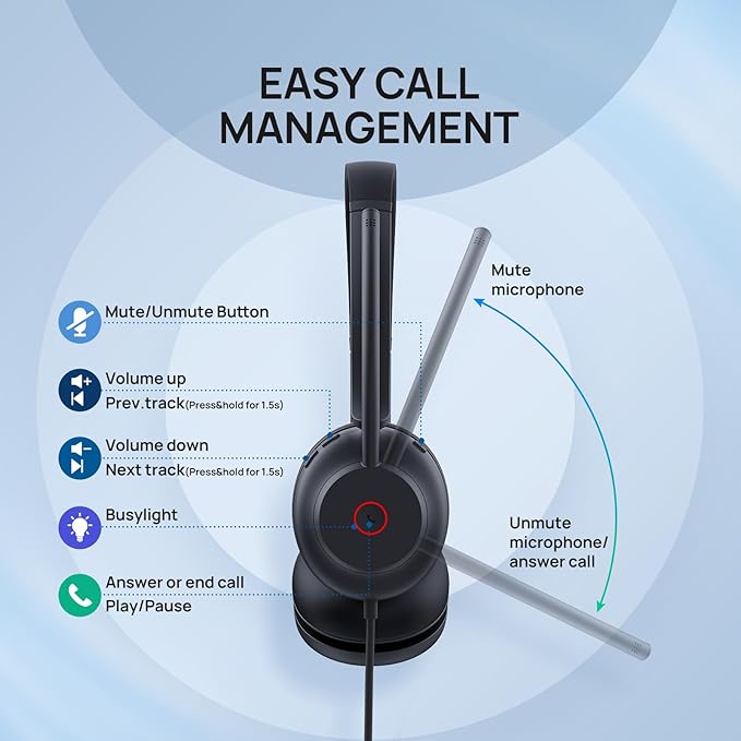Yealink UH35 Wired Headset, USB Headset with Noise Cancelling Mic, Optimized for Skype and Zoom and Other Leading Conferencing Platforms, All-Day Comfort Design, Mute Button, Busylight