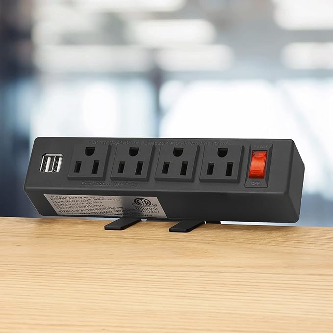 HHSOET Desk Clamp Power Strip, Desktop Power Outlet Clamp Mount with 2 USB Ports, 4 AC Outlets, Mountable Desk Outlet Removable Power Plugs with 6ft Cord.(4AC2USB-Black)