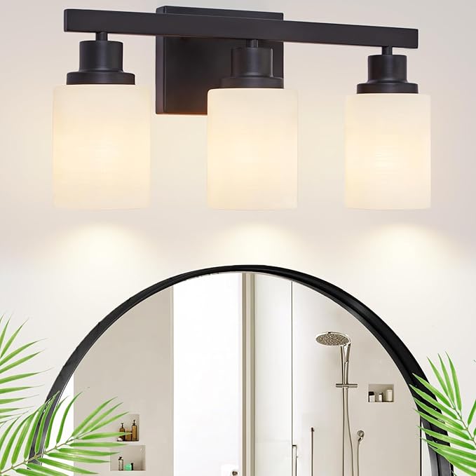 DIKAIDA 3-Light Bathroom Light Fixtures Over Mirror, Modern Matte Black Vanity Lights with White Frosted Glass Shade, Bathroom Wall Lamp Sconces for Mirror Bedroom, Living Room Hallway