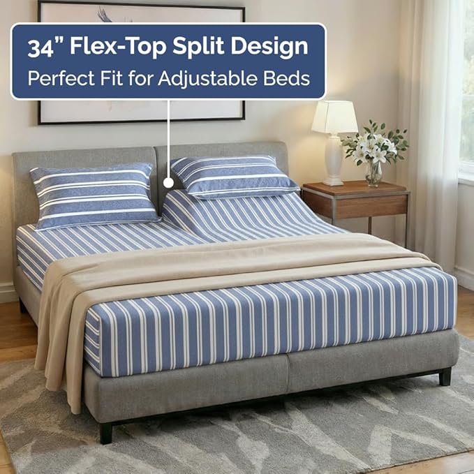 Split Head King Sheet Set – 4 Piece Flex Split Top King Sheets for Adjustable Beds - Fits 14” to 16" Mattress w/ Deep Pockets - Breathable & Cooling - Luxury Bedding and Wrinkle Free - Blue Stripes 2