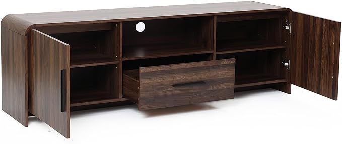 LuxenHome 70" Mid-Century Modern TV Stand for TVs up to 75", Walnut Finish TV Stand with Rounded Corners, Entertainment Center Console with 2 Doors & 1 Drawer for Living Room, Bedroom