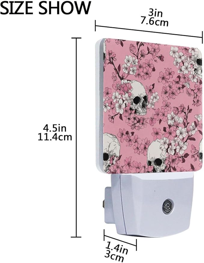 Pigsaly Led Night Light Pink Cherry Blossoms White Skulls Night Light Plug in Wall Lamp Smart Dusk to Dawn Sensor Nightlight Led Lamp Energy Saving Lights Gift for Kids Room Bedroom Bathroom Hallway