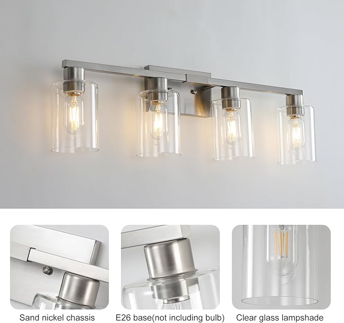 SOPEAS 4 Light Bathroom Light Fixtures, Brushed Nickel Modern Bathroom Vanity Light with Clear Glass Shade, Bathroom Lighting Fixtures Over Mirror, Vanity Lights for Bathroom Mirror
