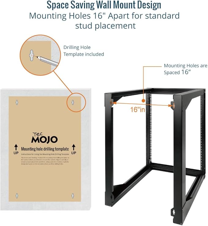 Tecmojo 15U Wall Mount Server Rack, Open Frame Network Rack for 19" Computer/AV/Data/IT/Media Equipment, 24" Depth, 16" Apart Mounting Holes, Swing Gate, Square and Tapped Holes