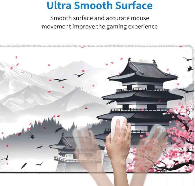 CANFLASHION Desk Pad,Office Desk Mat 31.5"×11.8"Large Gaming Mouse Pad,Durable Extended Computer Mouse Pad,Waterproof Thick Big Mouse Pads with Non-Slip Rubber Base Office Home Japanese Castle Cherry