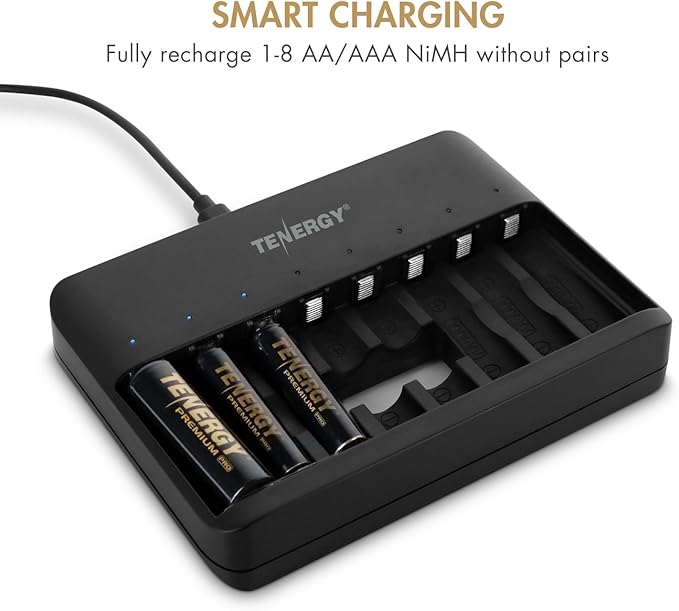 Tenergy TN477U 8-Bay Fast Charger with 8 Pack AA Premium Pro Rechargeable Batteries