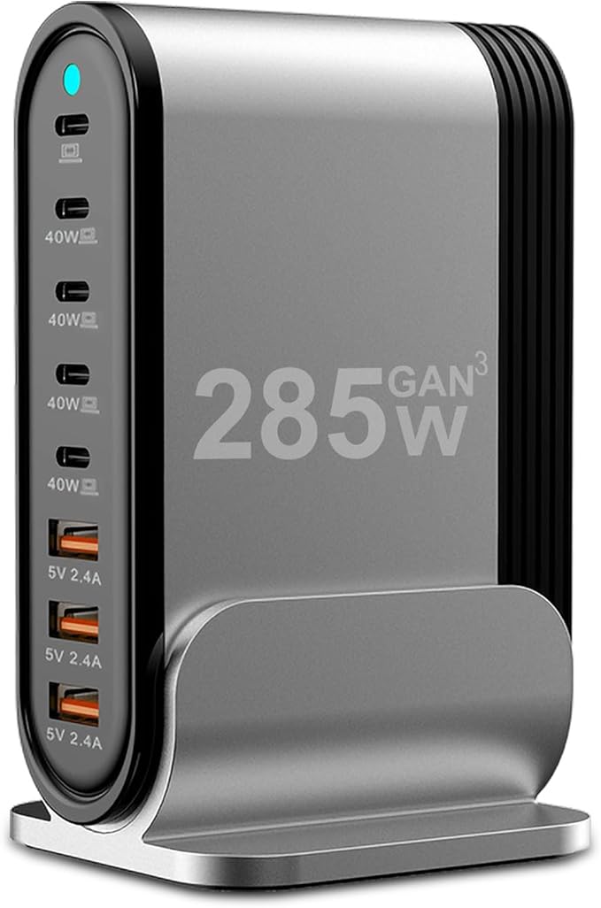 USB C Fast Charger : Fast Charging Station : 285W-8 Port Desktop Multiple Devices Power Adapter for Laptop MacBook Pro/Air, DELL, Tablet iPad Pro/Air, iPhone 16/15/14, Galaxy S23/22