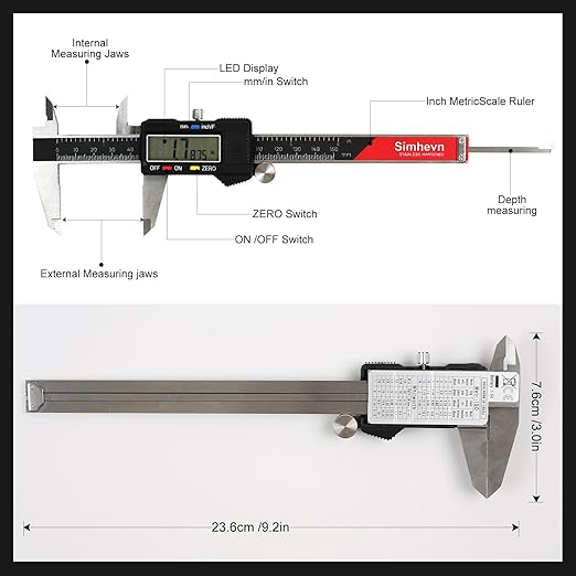 Simhevn Digital Caliper Measuring Tool,with Large LCD Screen, Easy Switch Inch/MM/Fraction,6inch/150mm Stainlee Steel Caliper and 8inch/200mm Stainlee Steel Ruler for DIY/Household