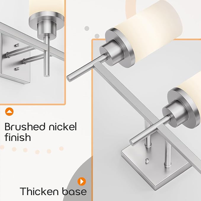 AONEON Bathrom Light Fixtures Brushed Nickel 3-Light with White Frosted Glass Shade, Modern Wall Lamps Over Mirror for Bath Washroom Living Room T001BR-L3