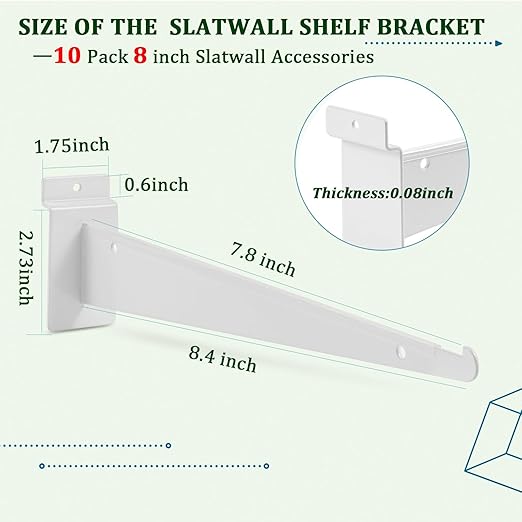 AYAYGD 10 Pack Slatwall Knife Shelf Bracket, 8 inch Slatwall Bracket for Shelves, Heavy Duty Metal Slatwall Accessories with Lip for Slat Wall Panels Shelving Display Home Commercial, White