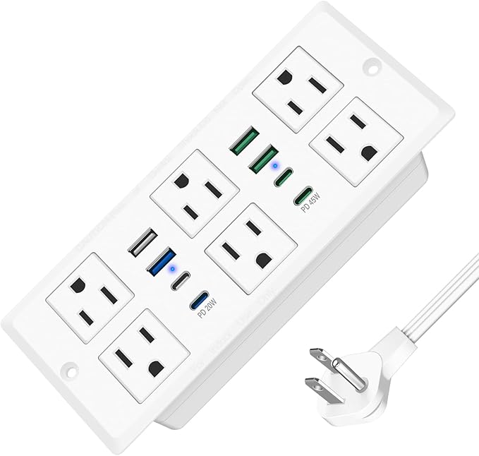 VILONG 14 in 1 Recessed Power Strip with PD 45W USB-C, Flush Mounted Drawer Outlet, 6 Outlets & 8 USB Ports, 45° Flat Plug, 6FT Extension Cord, Conference Desktop Built in Power Strip(White)