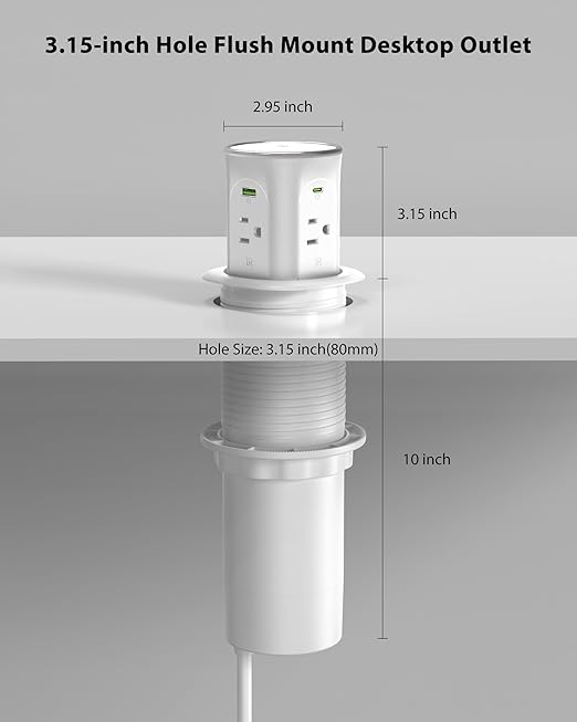 Motorized Pop Up Outlet,2 PD 45W USB C Charging Station, 3.15 in Hole Desktop Power Grommet Electrical Power Outlets Insert in 4AC 4 USB Ports 15W Wireless Charger for Kitchen Countertop