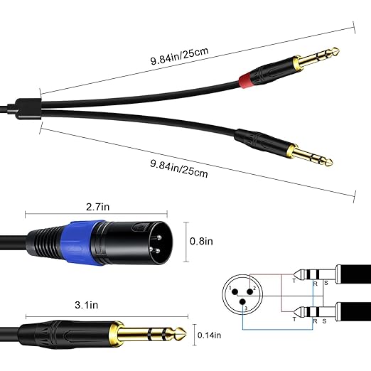 Jozzai 2Pack 6.35mm Dual TRS to XLR Male Cable for Microphone, Mixer, Amplifier, 1.5 FT, 1/4 TRS to XLR Audio Cable, Y Splitter Patch Cord, 3-Pinxlr to Dual 1/4 Male Converter Adapter Cable