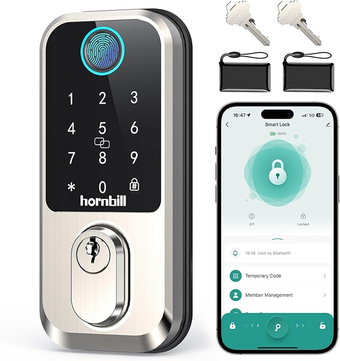 Hornbill WiFi Smart Lock Deadbolt, Keyless Entry Front Door Lock, Fingerprint Electronic Deadbolt Compatible with Alexa, Touchscreen Keypad Code Unlock for Home Office Hotel